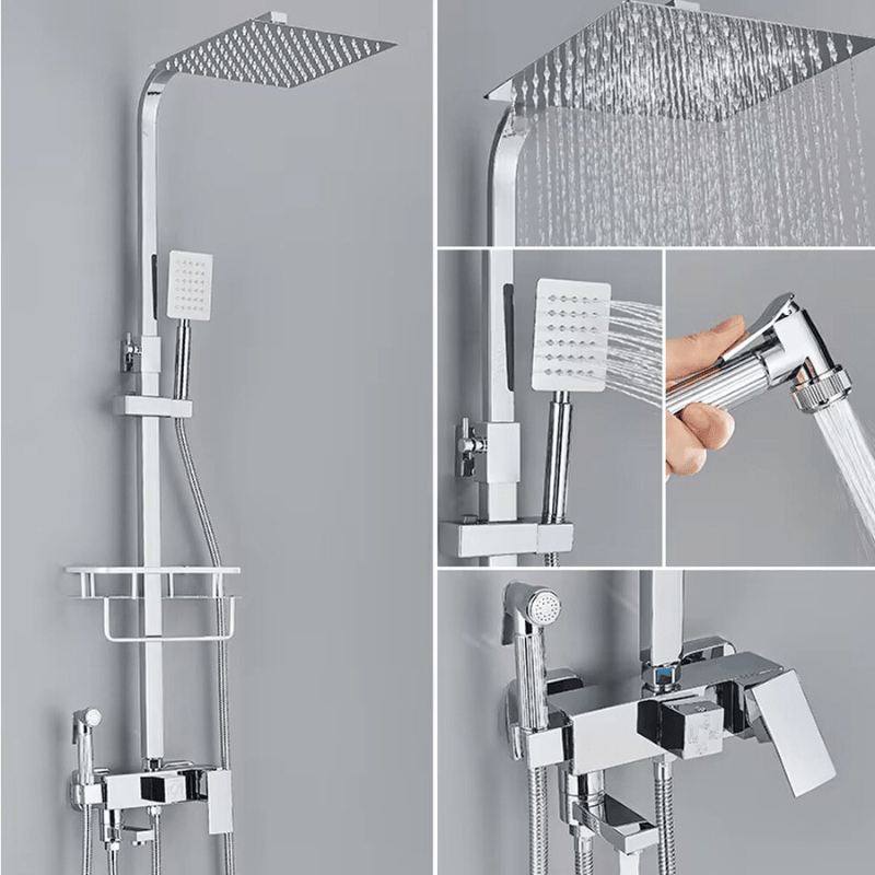 Geborsteld goud regendoucheset met grote hoofddouche en handdouche, wandmontage voor een stijlvolle badkamer.