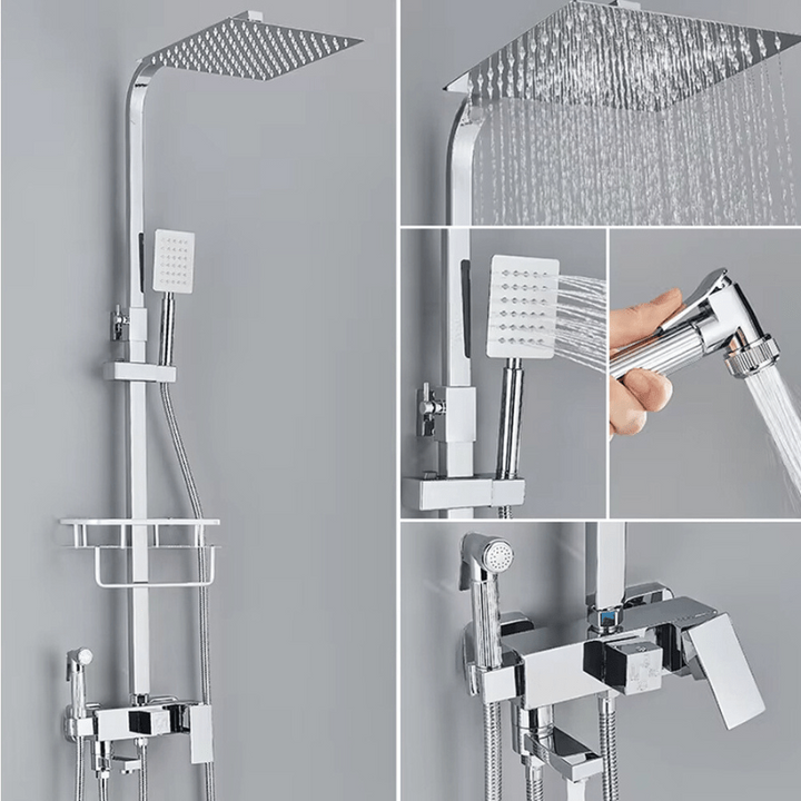 Geborsteld goud regendoucheset met grote hoofddouche en handdouche, wandmontage voor een stijlvolle badkamer.