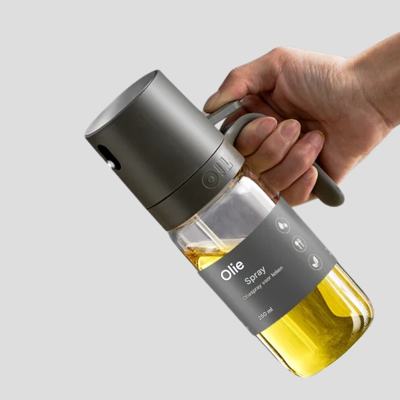 Zwarte glazen oliesprayfles voor gezond koken. Precisie-spray voor olie & azijn, ideaal in elke keuken.