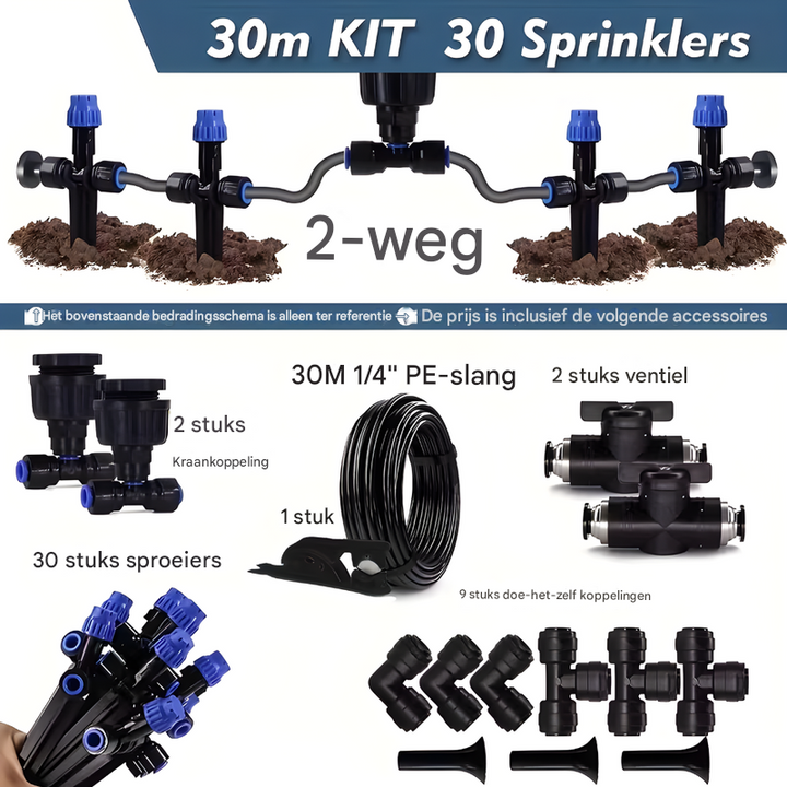 Efficiënt tuinirrigatiesysteem met verstelbare druppelaars voor optimale bewatering van planten en tuin.