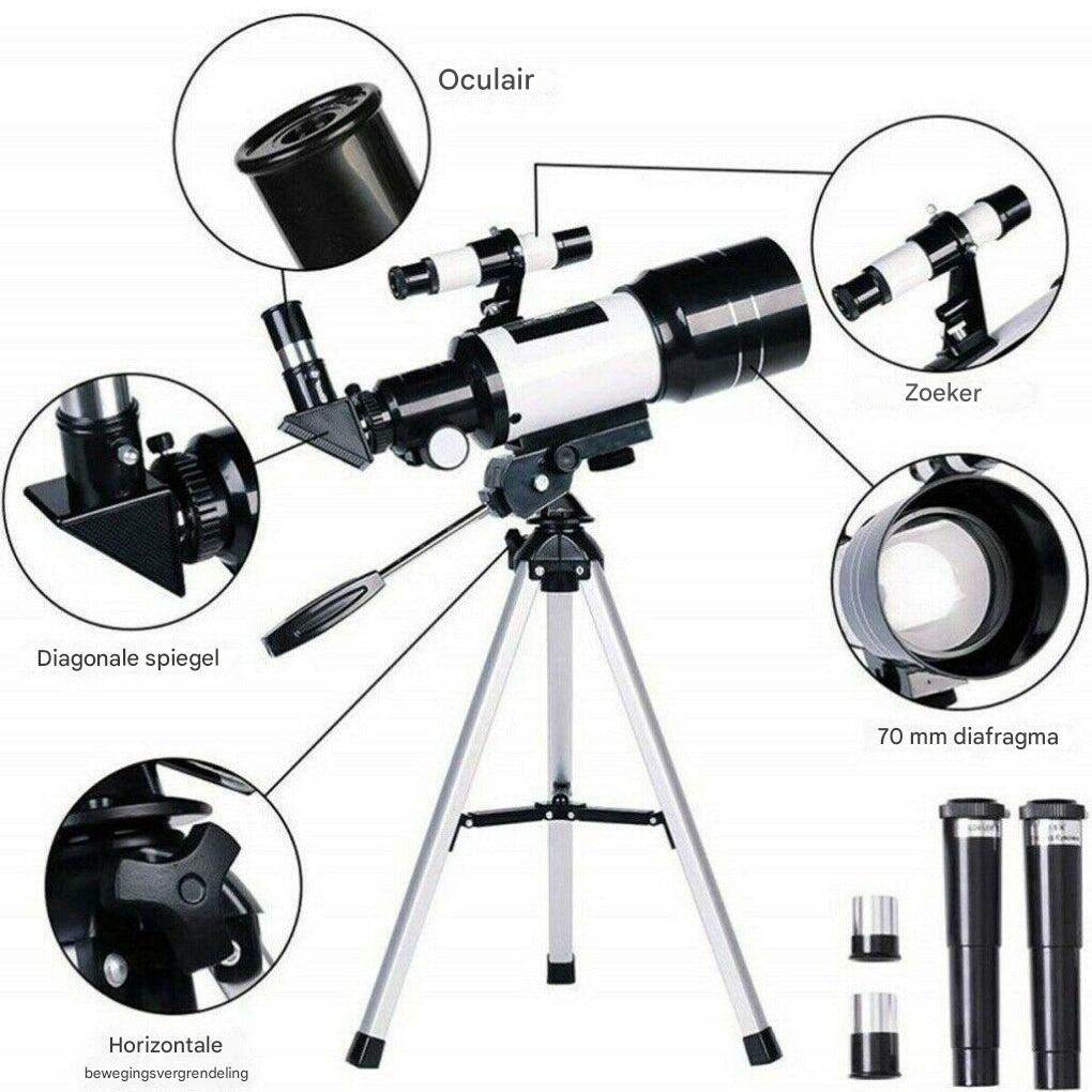 Duidelijke close-up van de 300/70mm telescooplens, perfect voor educatief sterrenkijken buiten.