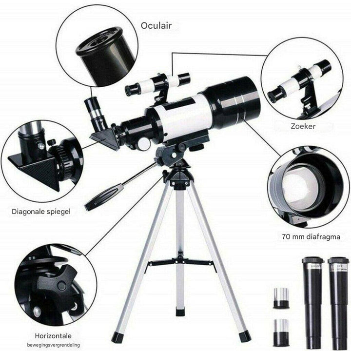 Duidelijke close-up van de 300/70mm telescooplens, perfect voor educatief sterrenkijken buiten.