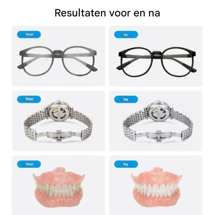 Ultrasone sieradenreiniger in actie; verwijdert vuil van juwelen en brillen voor optimale glans.