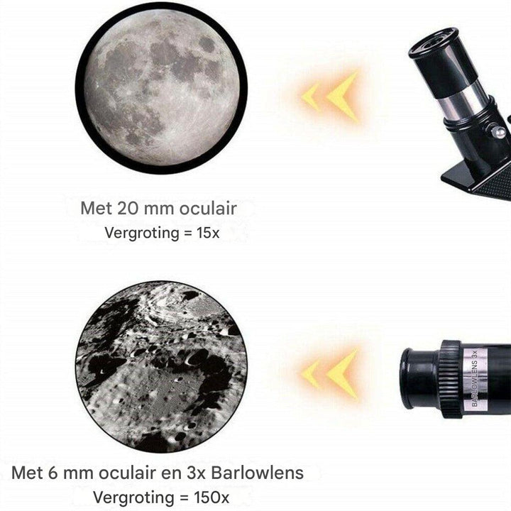 De telescoop op stevig statief, klaar voor beginners om hemellichamen te ontdekken met telefoonhouder.