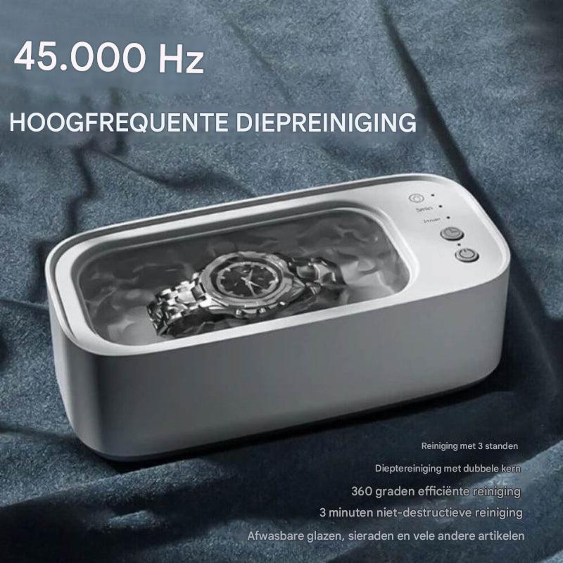 Deze krachtige ultrasone reiniger maakt doffe juwelen weer glanzend en schoon; perfect voor edelmetaal.
