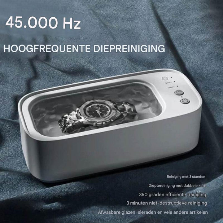 Deze krachtige ultrasone reiniger maakt doffe juwelen weer glanzend en schoon; perfect voor edelmetaal.