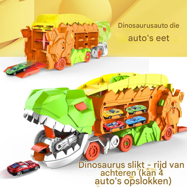 Kinderen spelen met transformerende dino stadstransporter vrachtwagen en racebaan met autootjes.