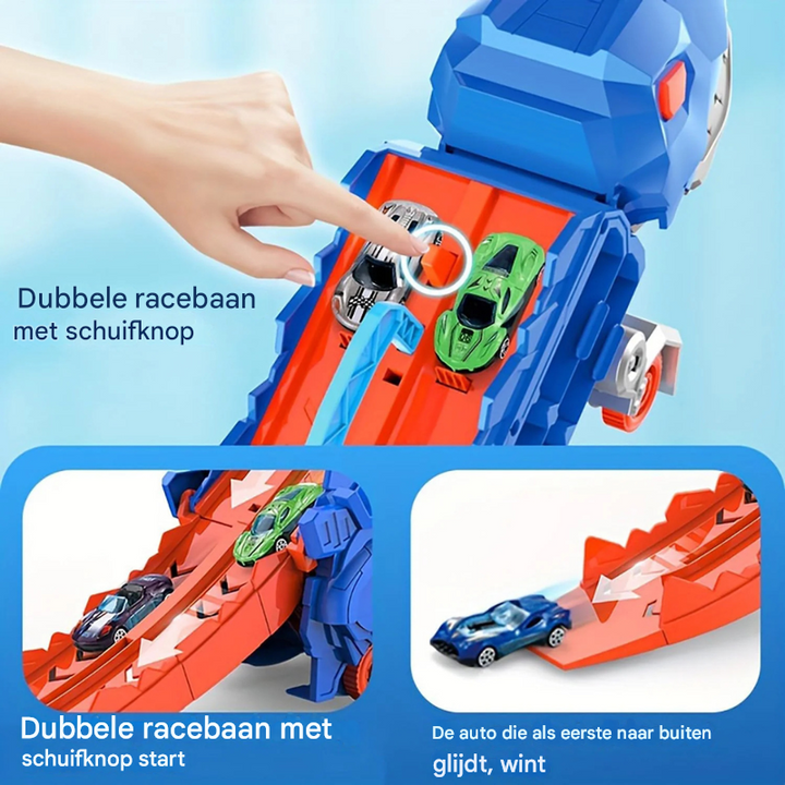 Stoere dino-thema vrachtwagen die verandert in een avontuurlijke racebaan voor speelgoedauto's.