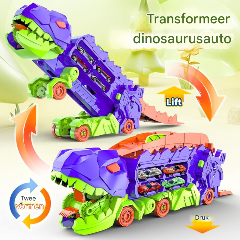 Complete dino stadstransporter speelset: vrachtwagen, uitschuifbare racebaan en auto's voor kinderen.