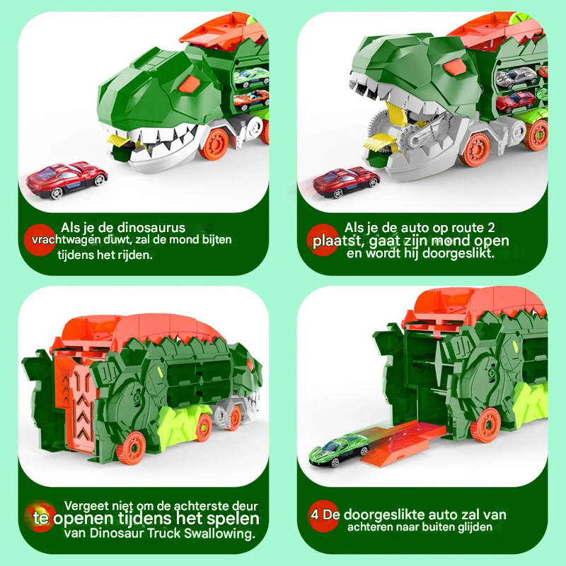 Avontuurlijk dino vrachtwagen speelgoed met oprijplaten en racebaan, uren speelplezier voor kinderen.
