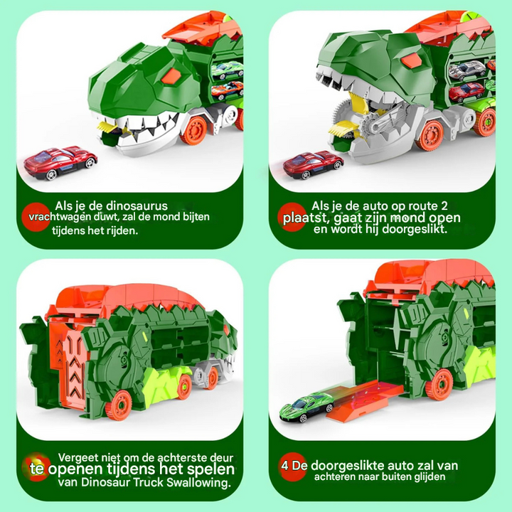 Avontuurlijk dino vrachtwagen speelgoed met oprijplaten en racebaan, uren speelplezier voor kinderen.