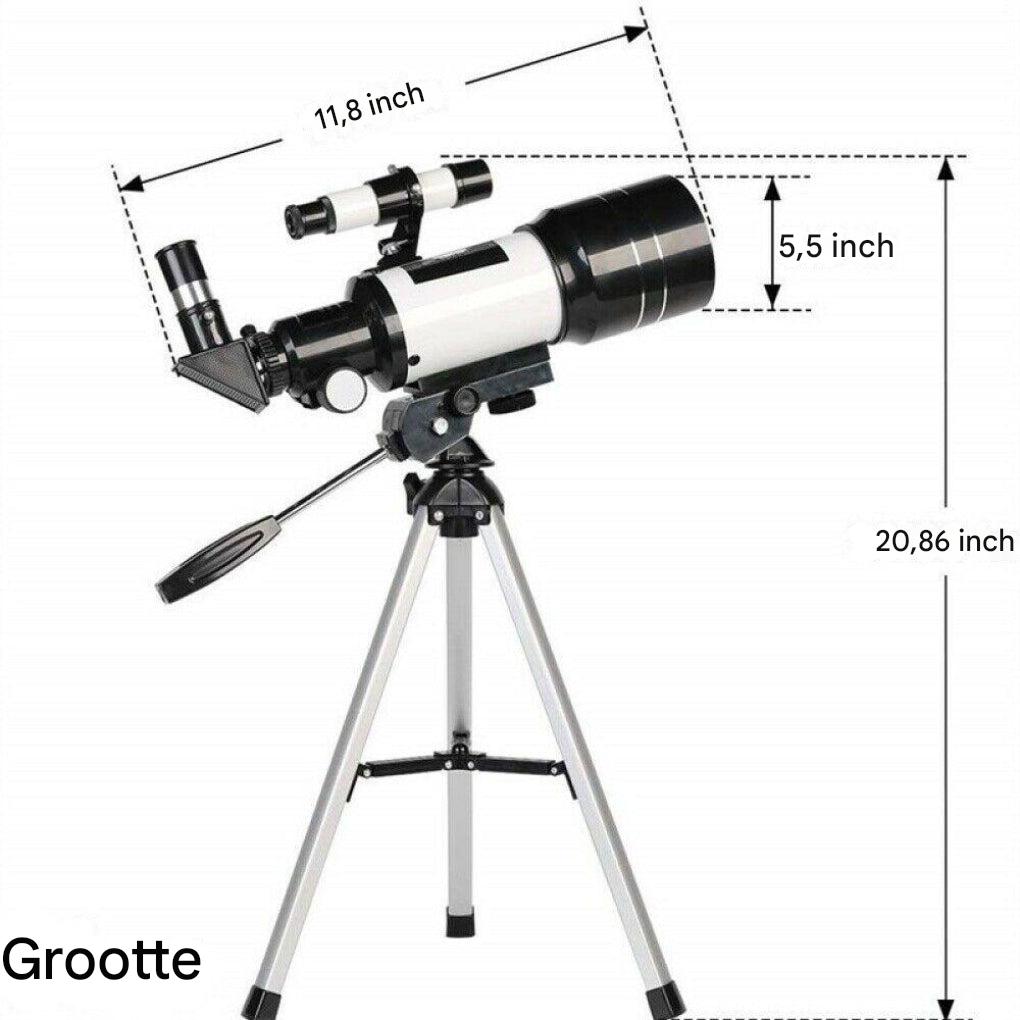 Complete set: 300/70mm astronomie telescoop, driepoot statief en smartphone adapter voor sterrenkijkers.