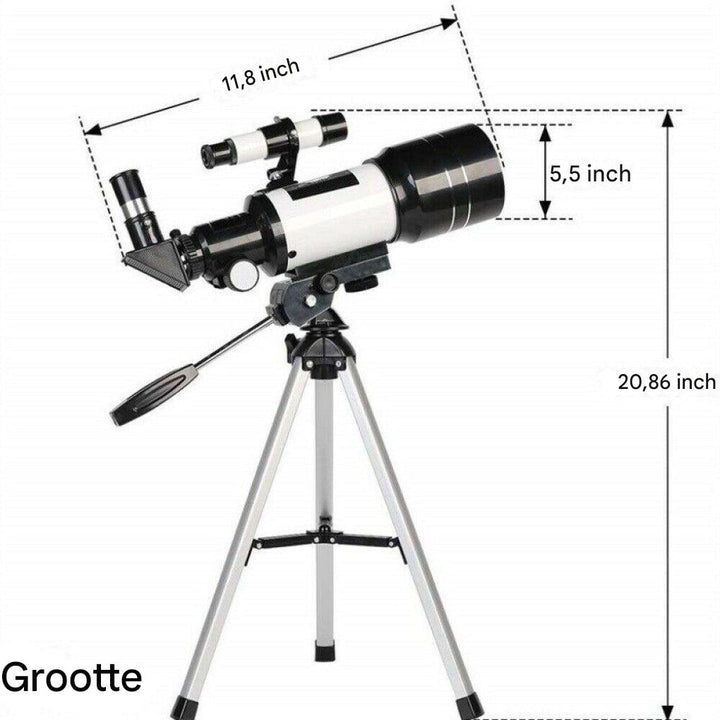 Complete set: 300/70mm astronomie telescoop, driepoot statief en smartphone adapter voor sterrenkijkers.