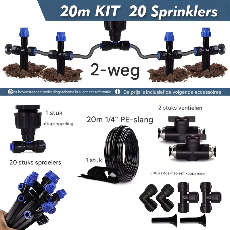 Verstelbaar druppelsysteem voor nauwkeurige en efficiënte bewatering van individuele planten in tuin of kas.