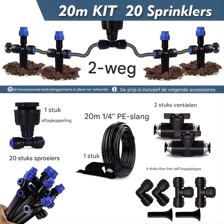 Verstelbaar druppelsysteem voor nauwkeurige en efficiënte bewatering van individuele planten in tuin of kas.