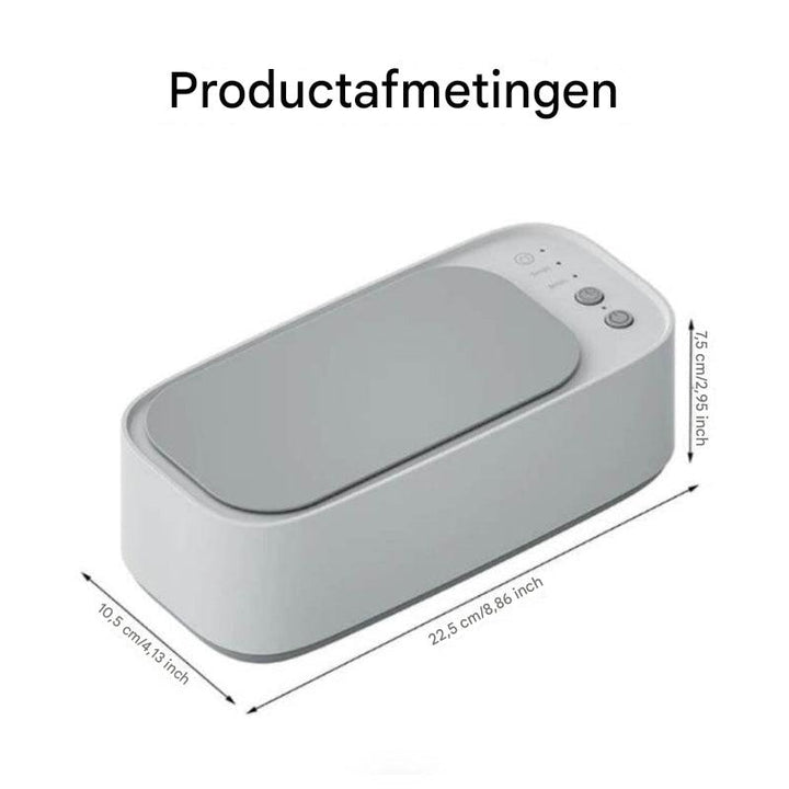 Compacte ultrasone sieradenreiniger, perfect voor het reinigen van juwelen, brillen en accessoires.