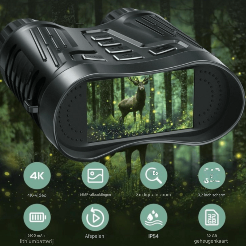 Compacte Ultra HD IR nachtzicht verrekijker; robuust ontwerp voor outdoor wildspotten en nachtelijke observaties.