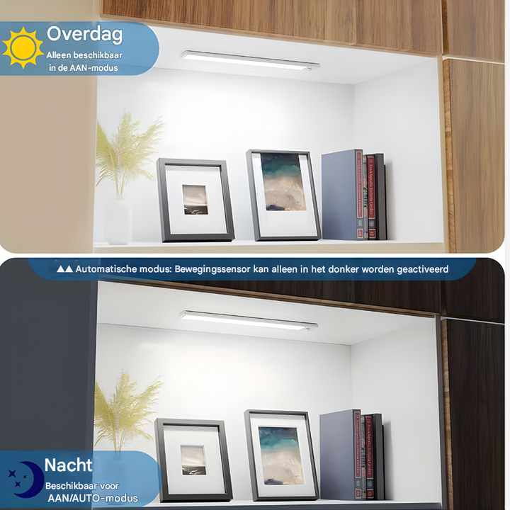 Zilveren oplaadbare LED-kastverlichting met slimme bewegingssensor voor automatische, sfeervolle interieurverlichting.