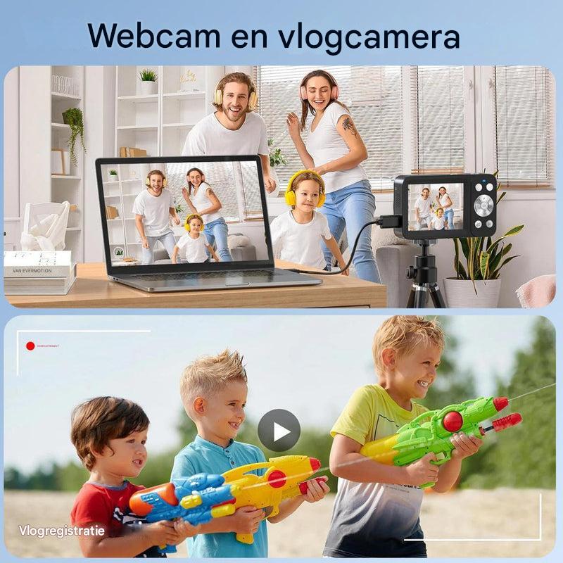 Compacte 4K fotocamera met anti-trilling en dual screen voor heldere vlogs en scherpe foto's.