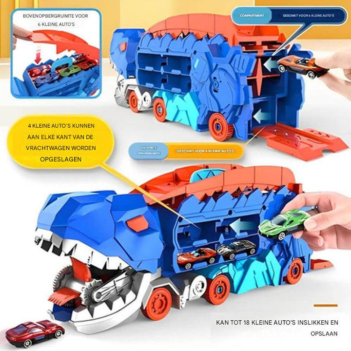 Dinosaurus vrachtwagen die transformeert naar racebaan voor speelgoedauto's; uren speelplezier, perfect voor jongens.