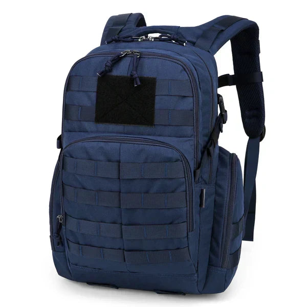 Zwarte unisex tactische rugzak (25L) met MOLLE systeem, ideaal voor survival, reizen en wandelen.