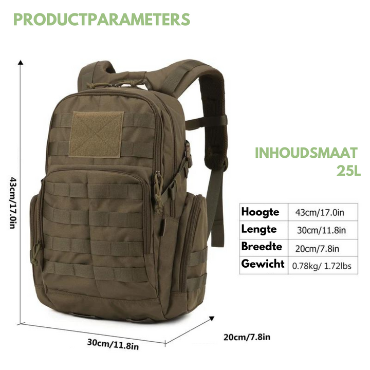 Stevige tactische rugzak (25L) voor avontuur, wandelen en survival; waterafstotend en ruim. Geschikt voor reizen.