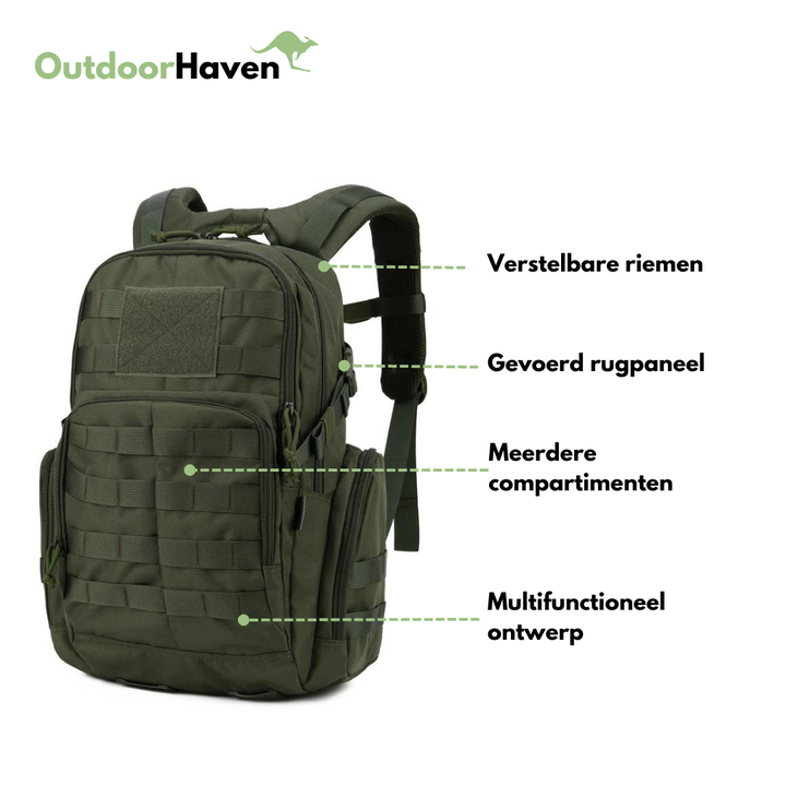 Duurzame 25 liter tactische rugzak; waterafstotend en uitgerust met MOLLE voor al je outdoor reizen.