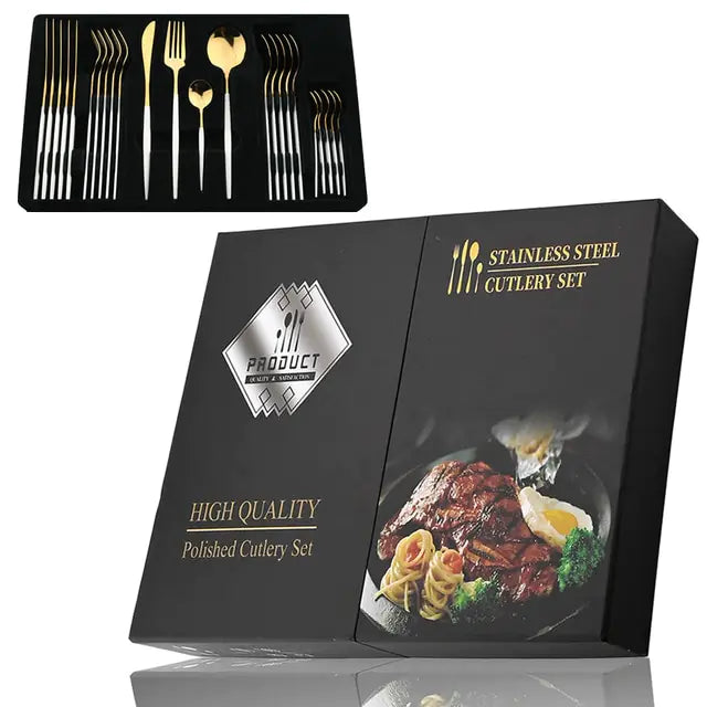 Elegant ontworpen Aurinox 24-delige bestekset van RVS, glanzend zilver, modern servies.