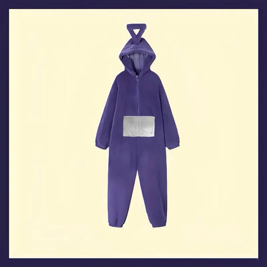 "Teletubbies kostuum pyjama flanel jumpsuit met capuchon, kleurrijk ontwerp, comfortabel voor Halloween en verkleedfeestjes."
