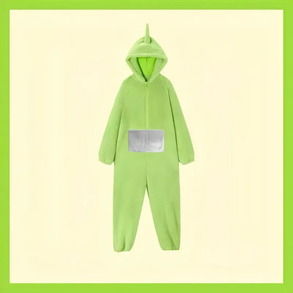 "Teletubbies kostuum pyjama flanel jumpsuit met capuchon, kleurrijk ontwerp, comfortabel voor Halloween en verkleedfeestjes."
