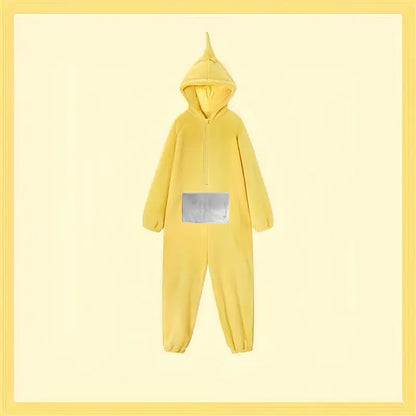 "Teletubbies kostuum pyjama flanel jumpsuit met capuchon, kleurrijk ontwerp, comfortabel voor Halloween en verkleedfeestjes."