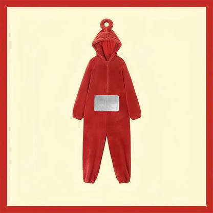"Teletubbies kostuum pyjama flanel jumpsuit met capuchon, kleurrijk ontwerp, comfortabel voor Halloween en verkleedfeestjes."