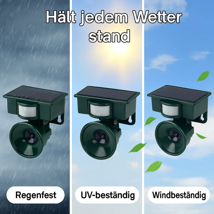 Zonne-energie schrikapparaat, robuust en weerbestendig, voor langdurige vogelwering buiten.