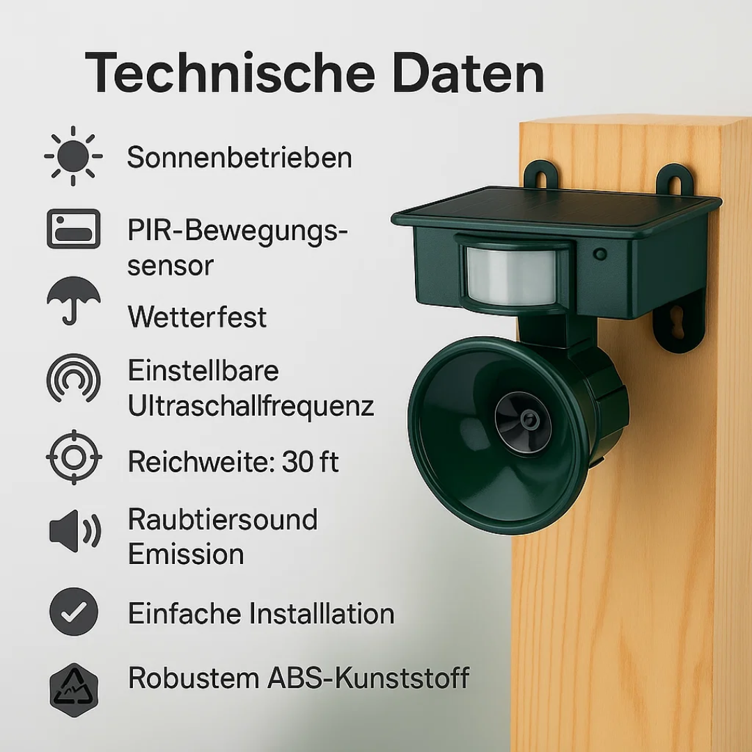 Universele vogelwering op zonne-energie, geschikt voor diverse buitenruimtes zoals tuin, balkon, terras.