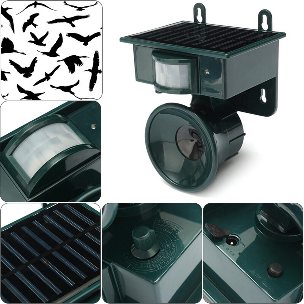 Effectieve vogelwering met zonnepaneel, ideaal voor plaagbeheersing in de tuin en op terras.