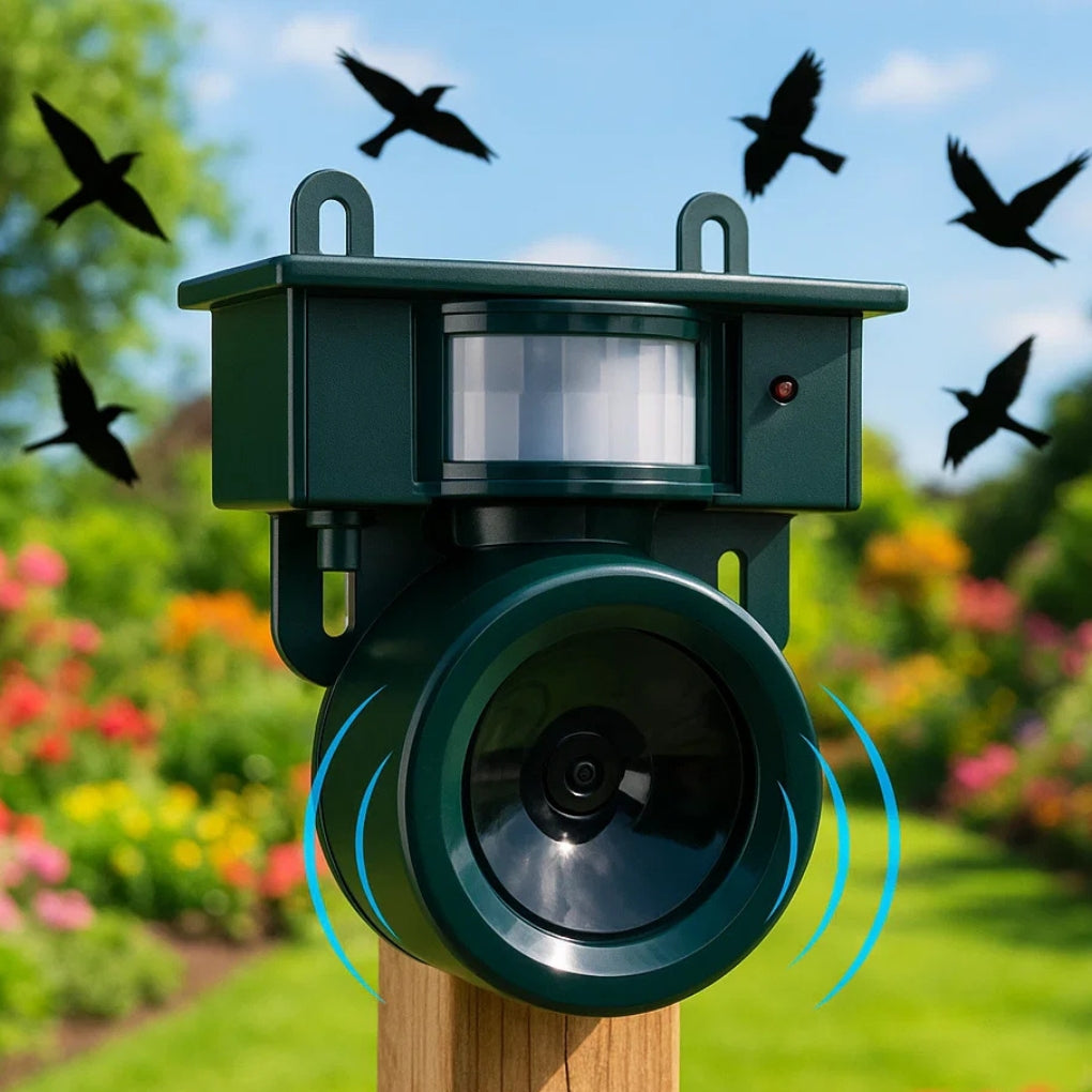 Vogelverschrikker op zonne-energie met bewegingssensor voor tuin en balkon, diervriendelijk.