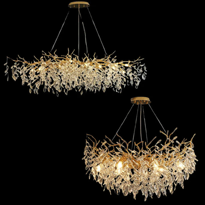 Prachtige gouden Aurelia kristallen plafondlamp met uniek blad design, ideaal voor eetkamer.