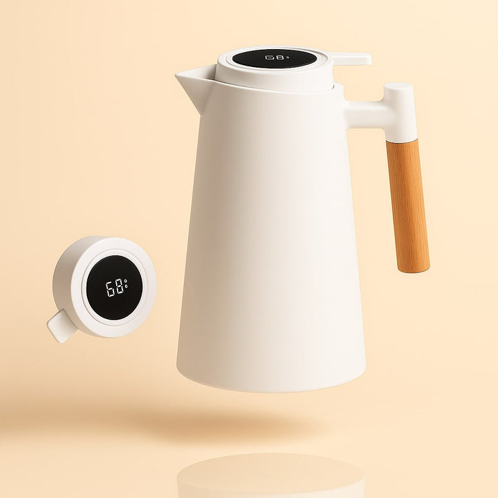 Duurzame 1L isolatiekan met glazen binnenwerk, houten handvat en temperatuurweergave voor dranken.