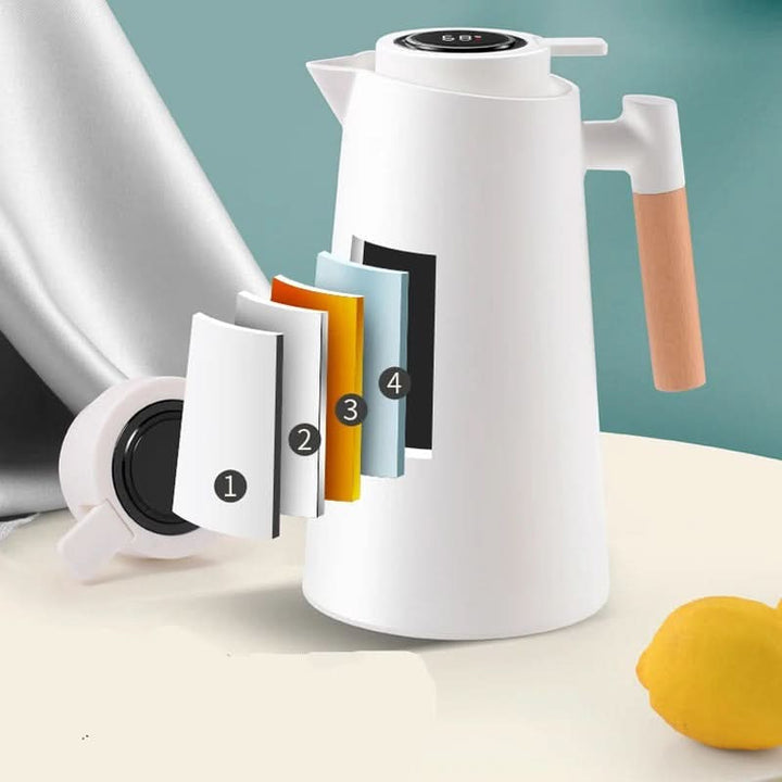 Handige 1 liter theekan/koffiekan met temperatuurdisplay voor thuis, keuken of kantoor. Lange isolatie.
