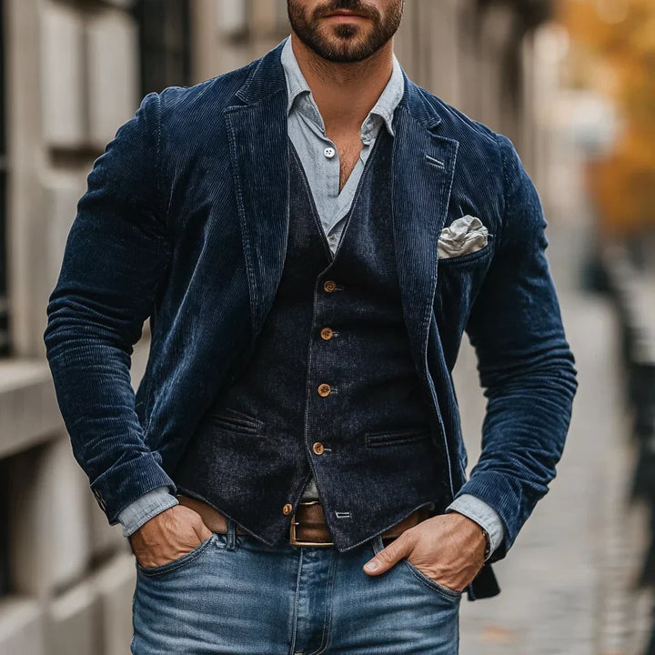 Klassiek tweedelig herenset Victor met stijlvol jasje en gilet. Perfect voor elegante, smart-casual gelegenheden.