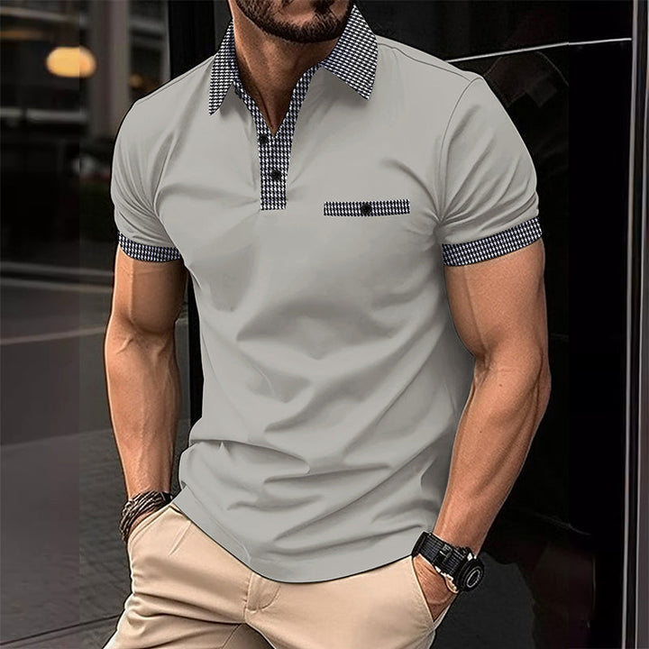 Heren casual shirt met korte mouwen in klassiek pied-de-poule/houndstooth dessin, perfect voor zomer.