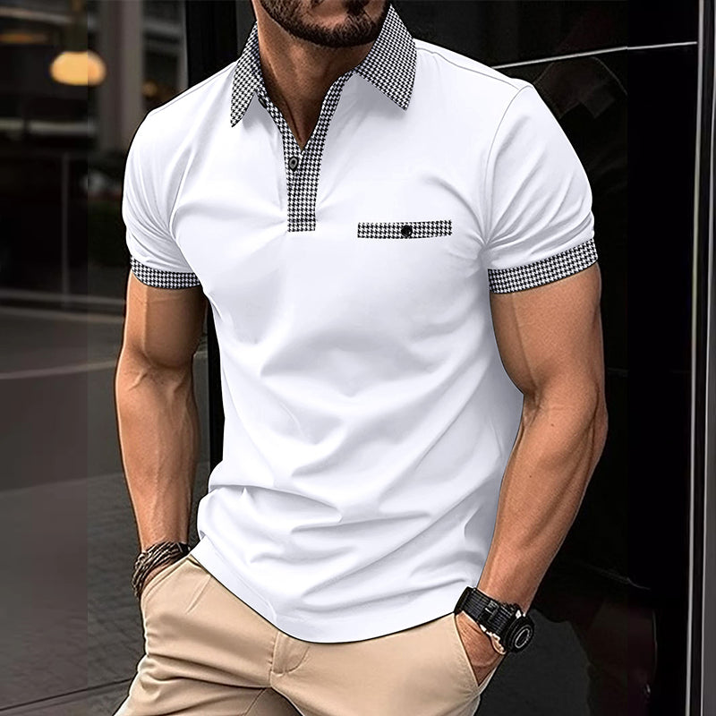 Comfortabele heren polo met korte mouwen, voorzien van elegant houndstooth patroon voor dagelijks gebruik.