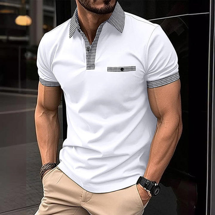 Comfortabele heren polo met korte mouwen, voorzien van elegant houndstooth patroon voor dagelijks gebruik.