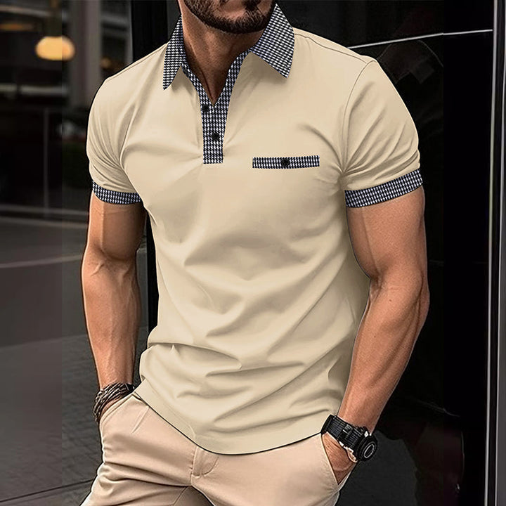 Veelzijdige heren polo met korte mouwen en houndstooth print, geschikt voor diverse casual gelegenheden.