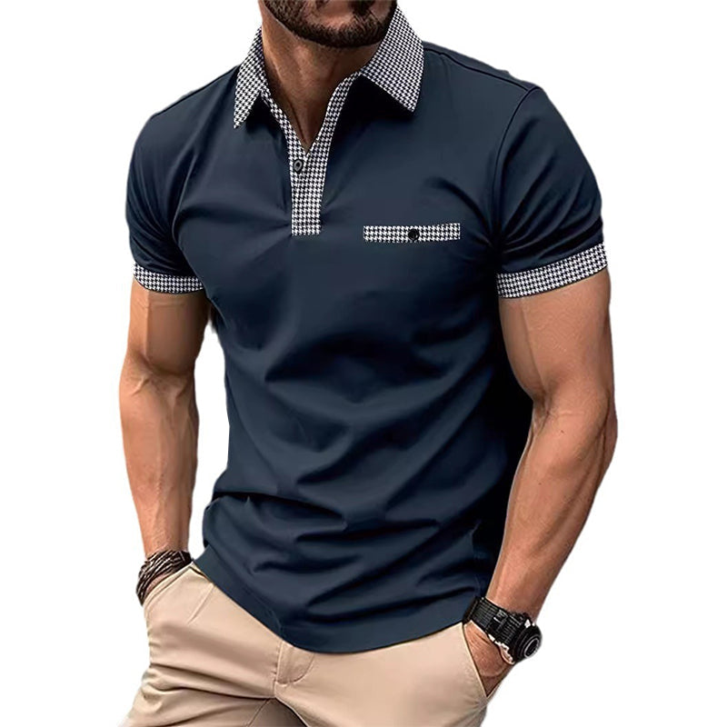 Moderne heren houndstooth polo met korte mouwen, een tijdloze keuze voor stijlvolle herenmode.
