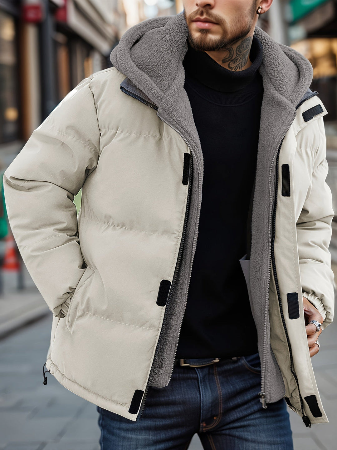 Casual herenjas van katoenmix, gewatteerde fleece parka met capuchon voor wintercomfort.