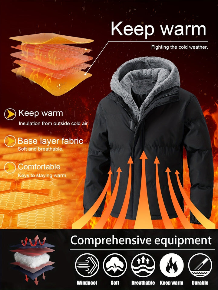Grijze heren gewatteerde fleece jas, warme winterparka met comfortabele capuchon.