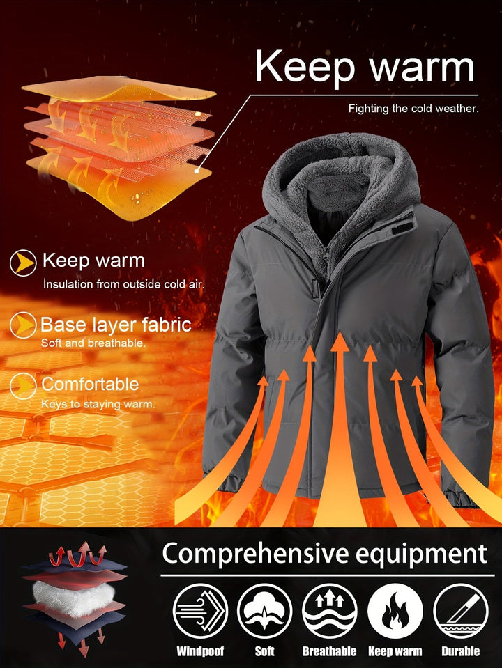 Zwarte heren gewatteerde fleece jas, korte winterparka met capuchon en handige zakken.