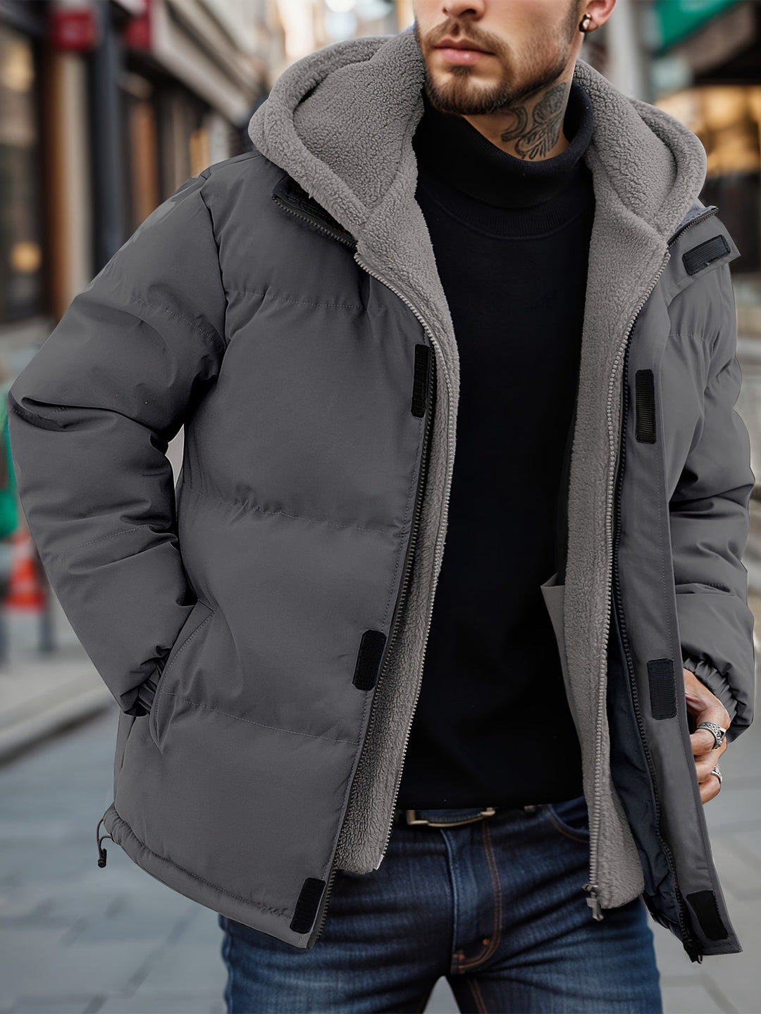 Heren gewatteerde fleece jas, blauwe winterparka met capuchon voor casual comfort.