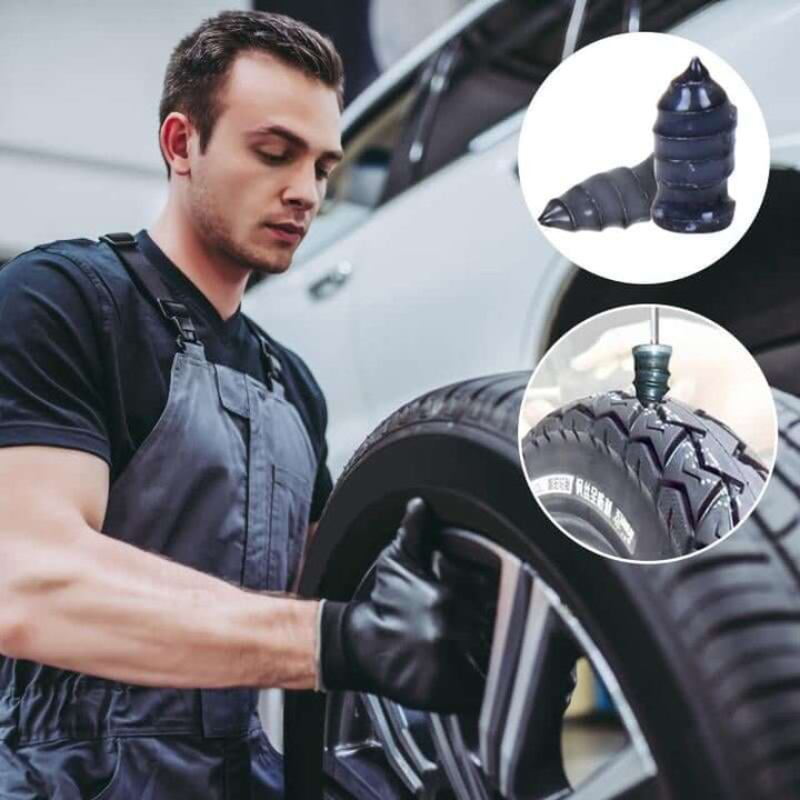 Complete universele bandenreparatie kit met gereedschap en rubberen pluggen voor duurzame noodreparatie voertuig.